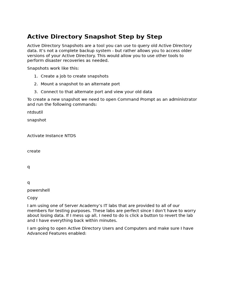Active Directory Snapshot Guide | PDF | Active Directory | Command Line ...