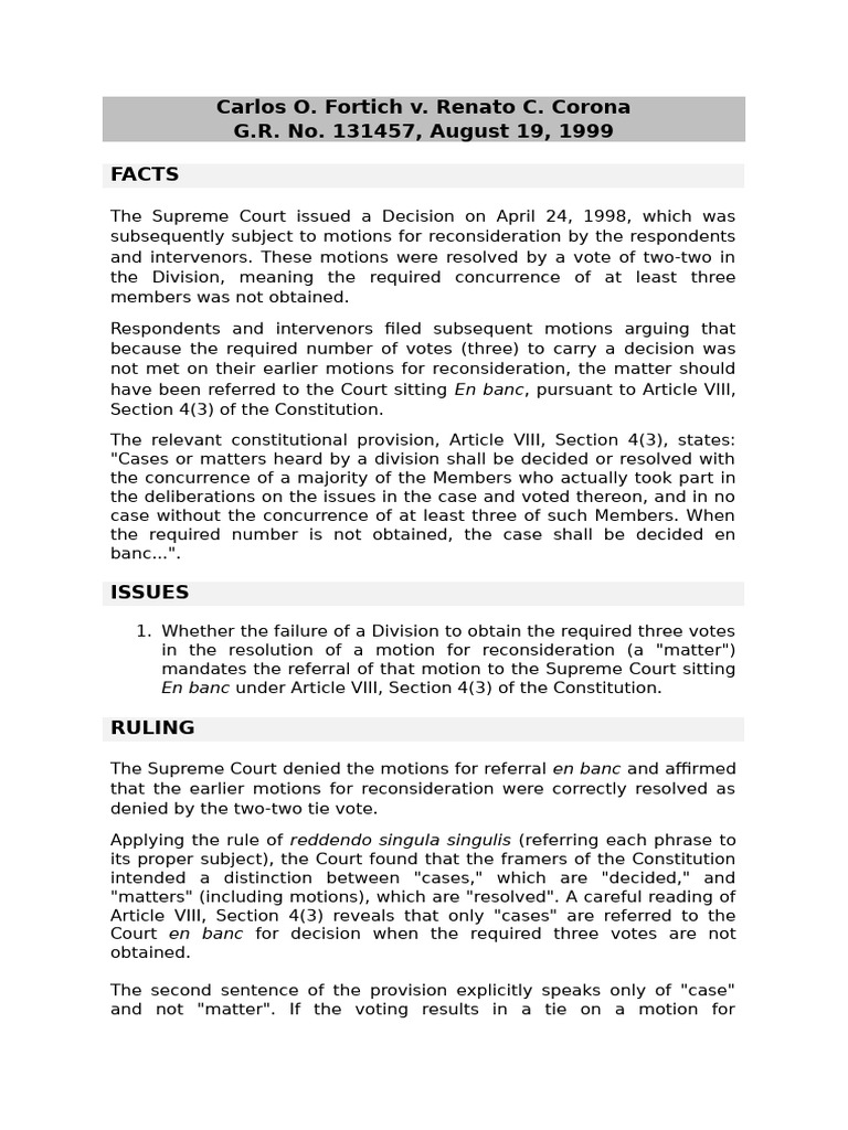 Article 8, Section 4 - Fortich vs. Corona | PDF | Supreme Court Of The ...
