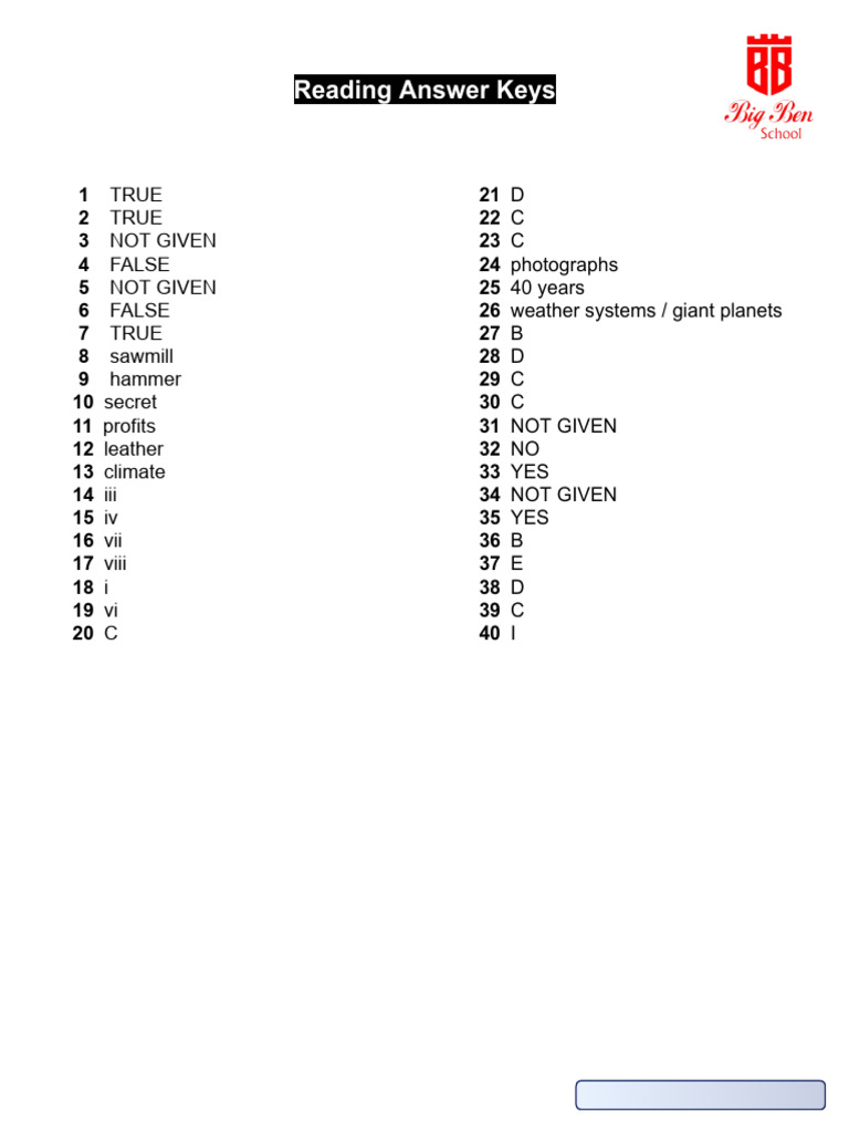 Reading Answer Keys July 4 5 | PDF