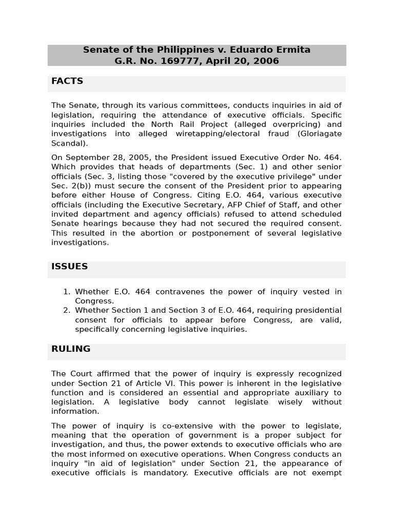 Article 6, Legislative Inquiry - Senate of The Philippines vs. Ermita ...