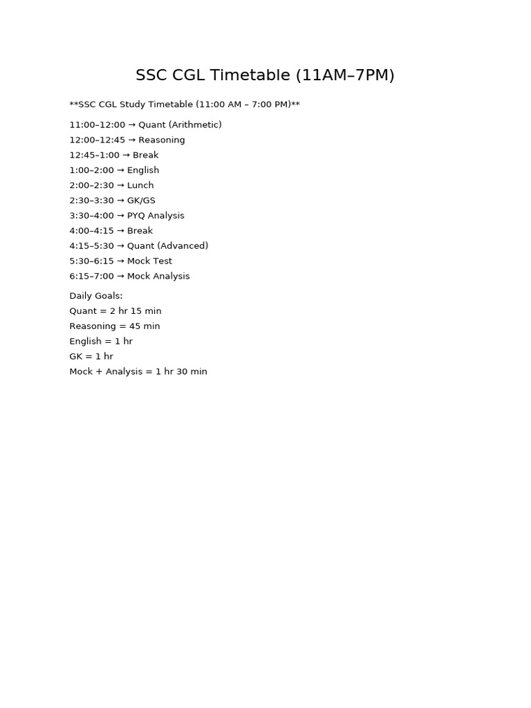 SSC CGL Study Timetable 11AM-7PM | PDF
