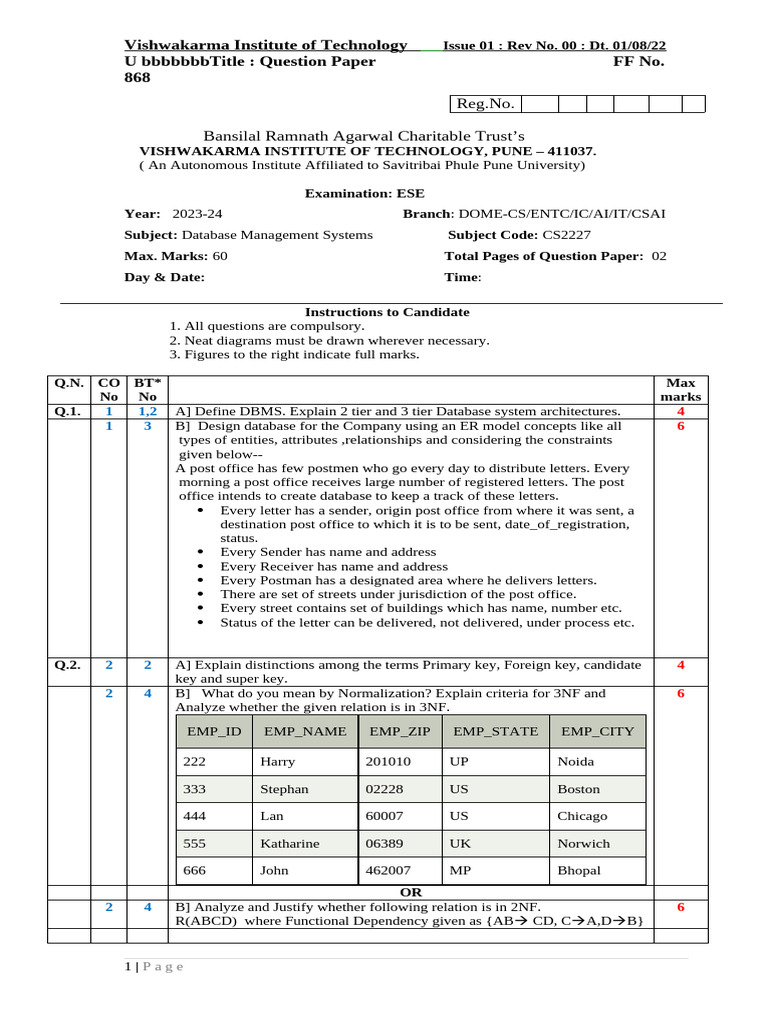 Database Management Systems Exam Paper | PDF | Databases | Computer Data