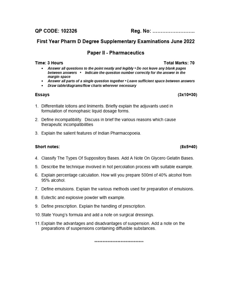 Pharm D Pharmaceutics Exam June 2022 | PDF