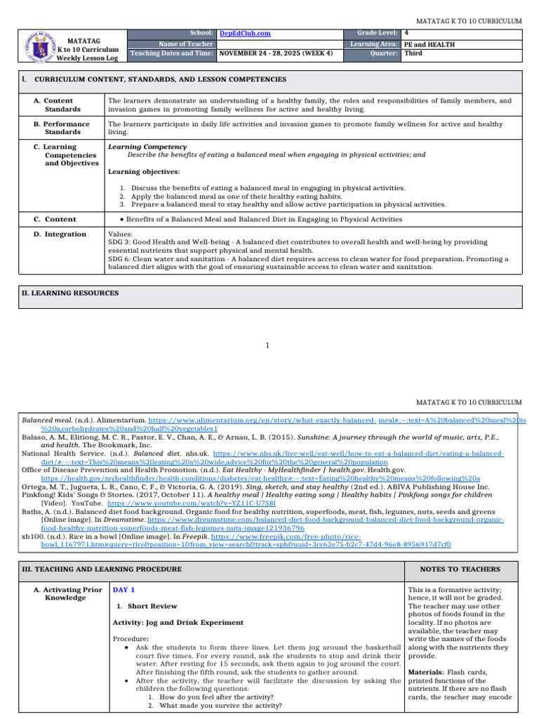 DLL Matatag - Pe & Health 4 Q3 W4 | PDF | Healthy Diet | Curriculum