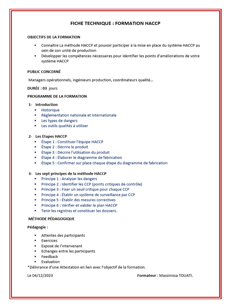 Fiche Technique Form HACCP MT | PDF