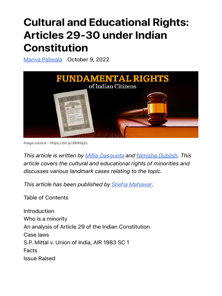 Cultural and Educational Rights - Articles 29-30 Under Indian ...