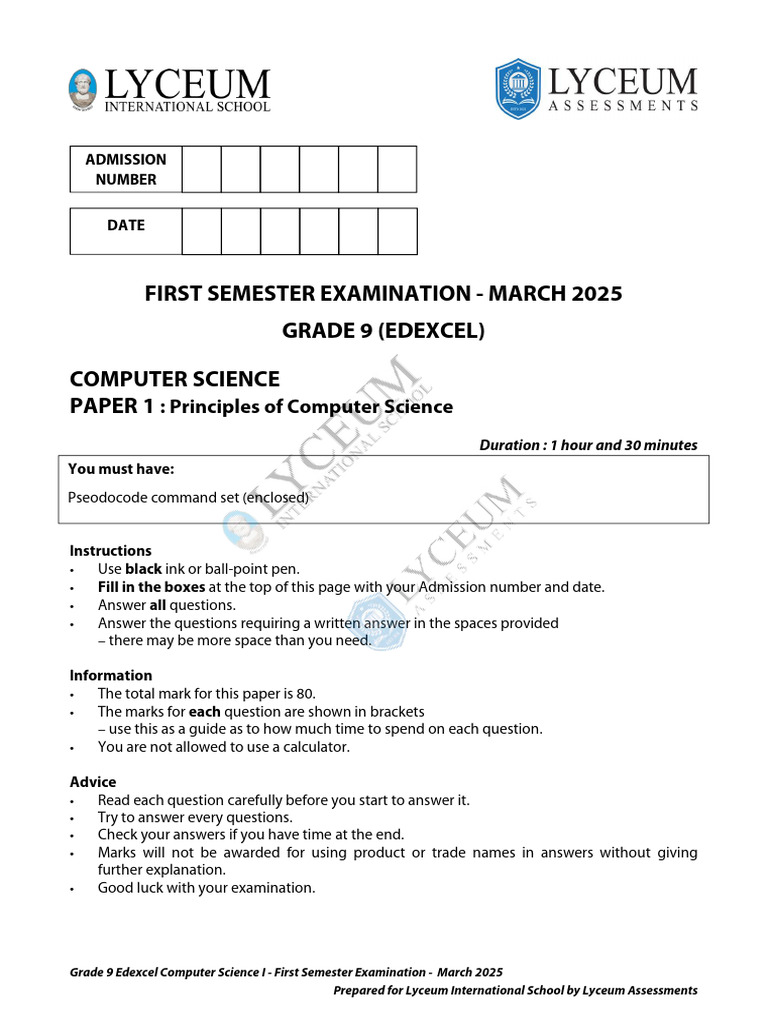 Grade 9 Edexcel Computer Science Exam 2025 | PDF | Computer Data ...