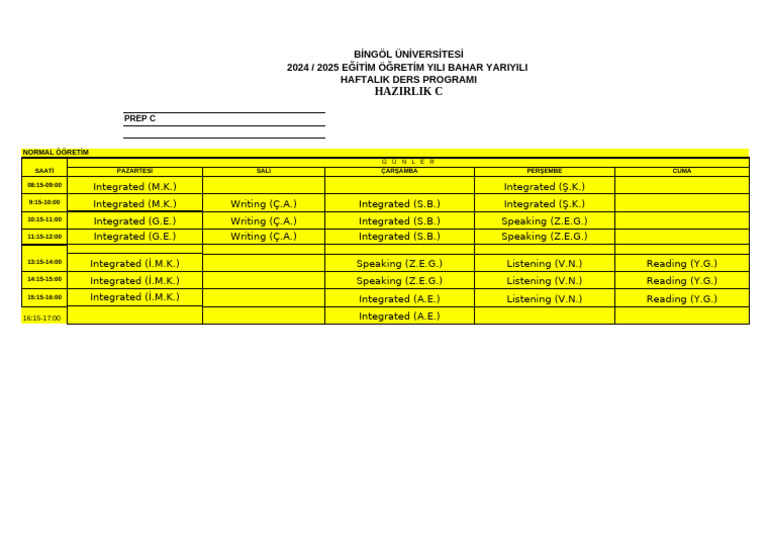 Bingöl University 2024 Spring Course Schedule | PDF