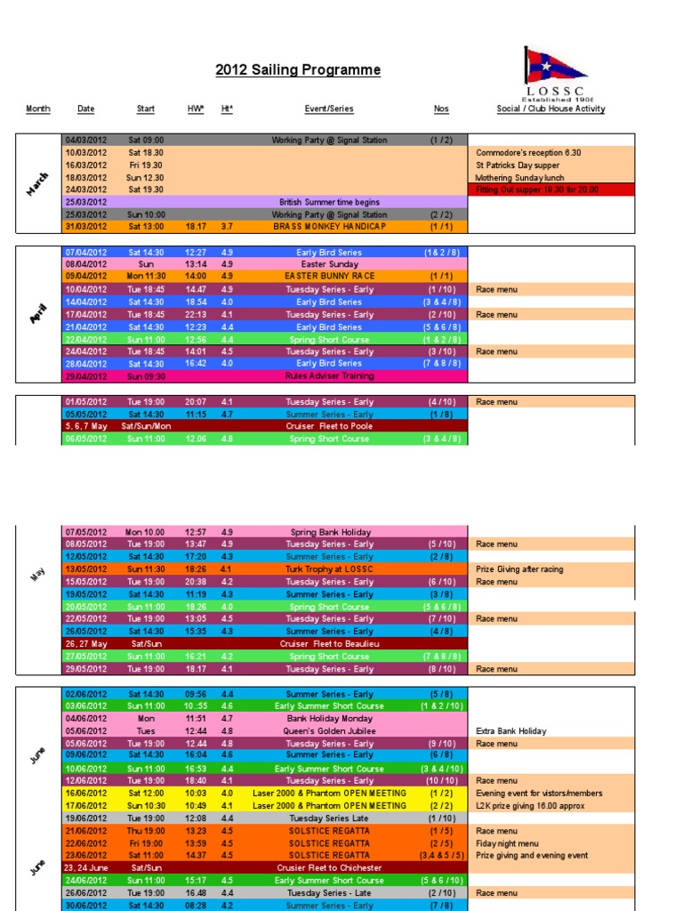 2012 Sailing Programme: Summer Series - Early | PDF | Water Sports ...