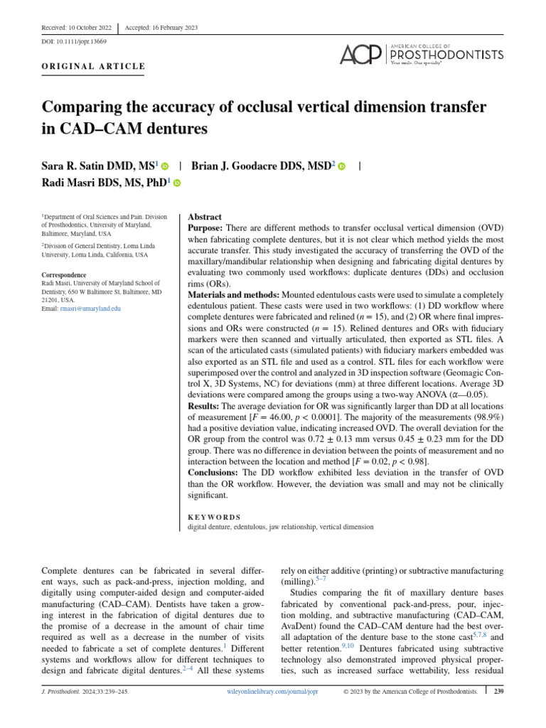 Accuracy of OVD Transfer in CAD-CAM Dentures | PDF | Dentures ...