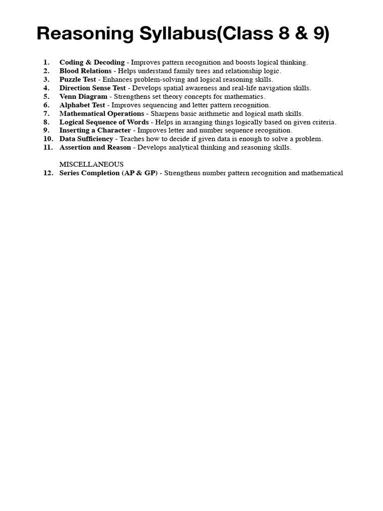 Class 8 & 9 Reasoning Skills Syllabus | PDF