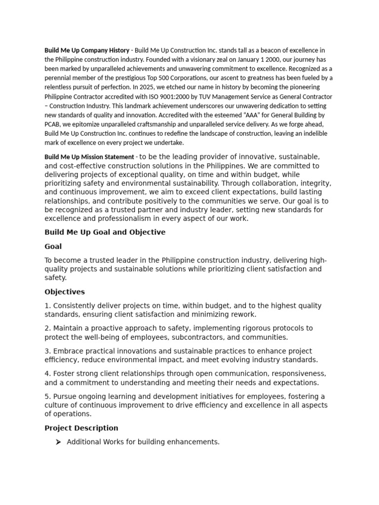 Build Me Up Company History | PDF | Wall | Concrete