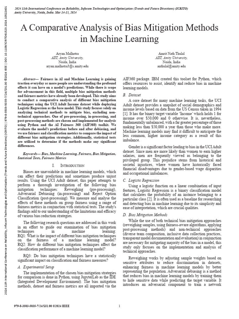 Bias Mitigation Techniques in ML Analysis | PDF | P Value | Machine ...