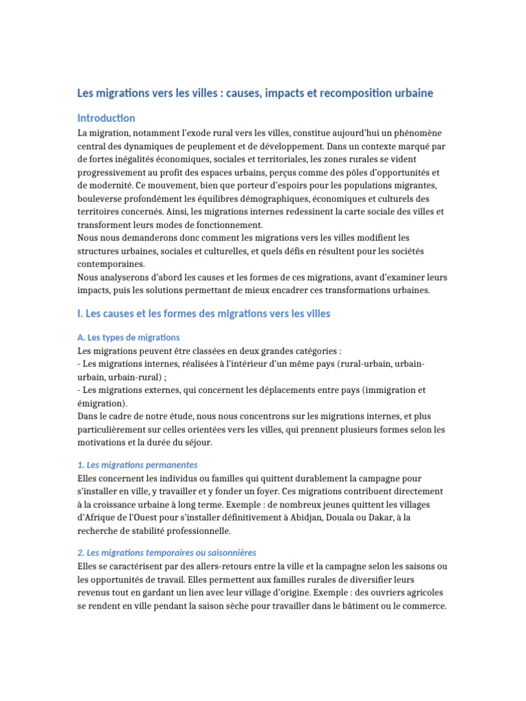 Migrations vers les villes : enjeux et impacts | PDF | Migration ...