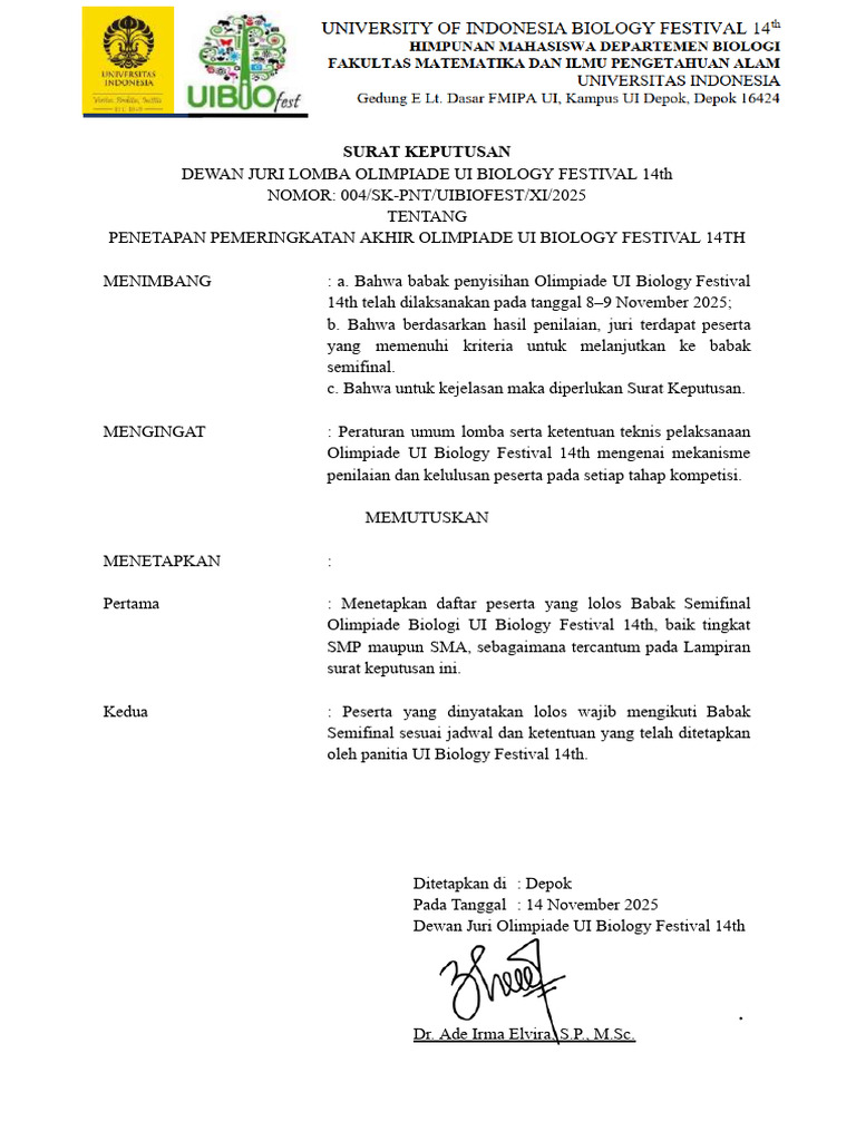 Surat Keputusan Pemeringkatan Smp Ui Biofest 14th | PDF