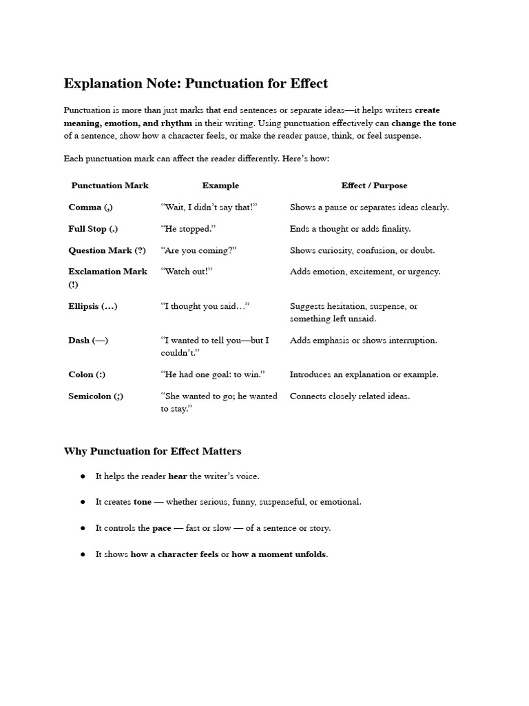 Week 5, Unit 2 - 3eme Note - Punctuation For Effect. | PDF