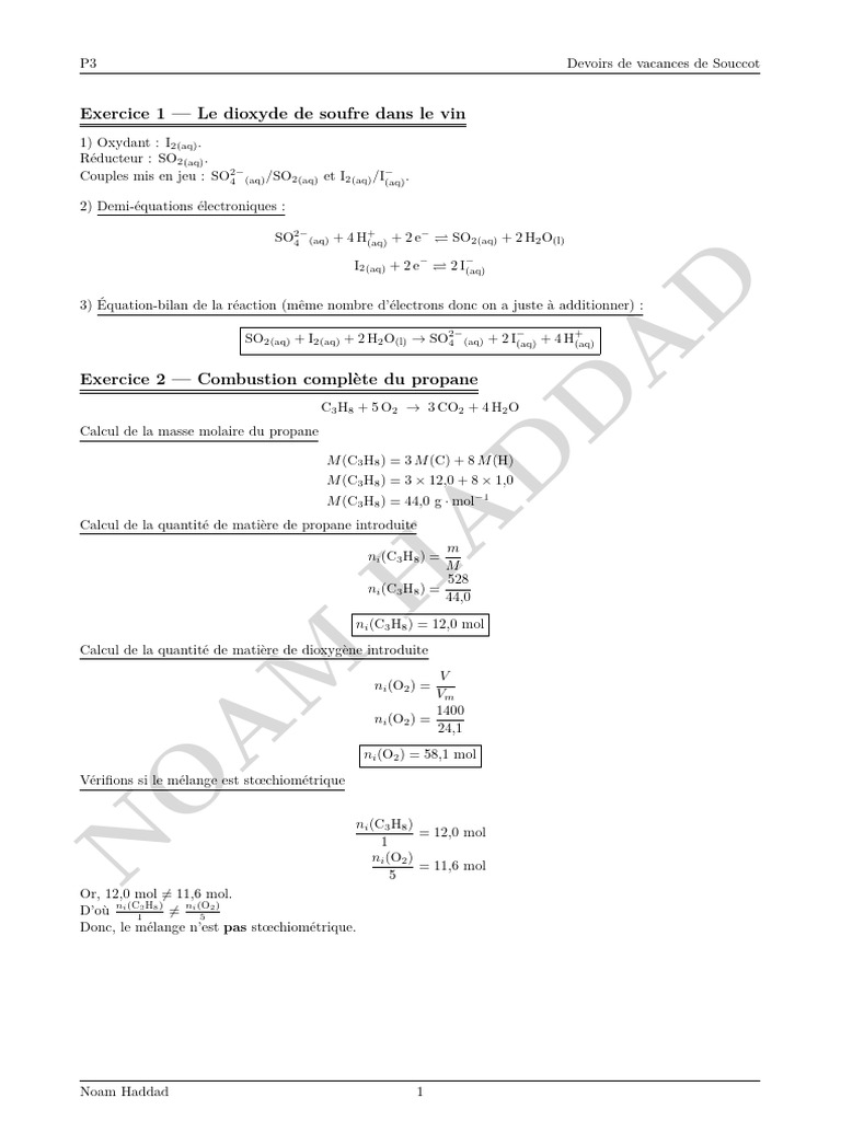 Devoirs de chimie : Réactions et calculs | PDF | Dioxyde de soufre ...
