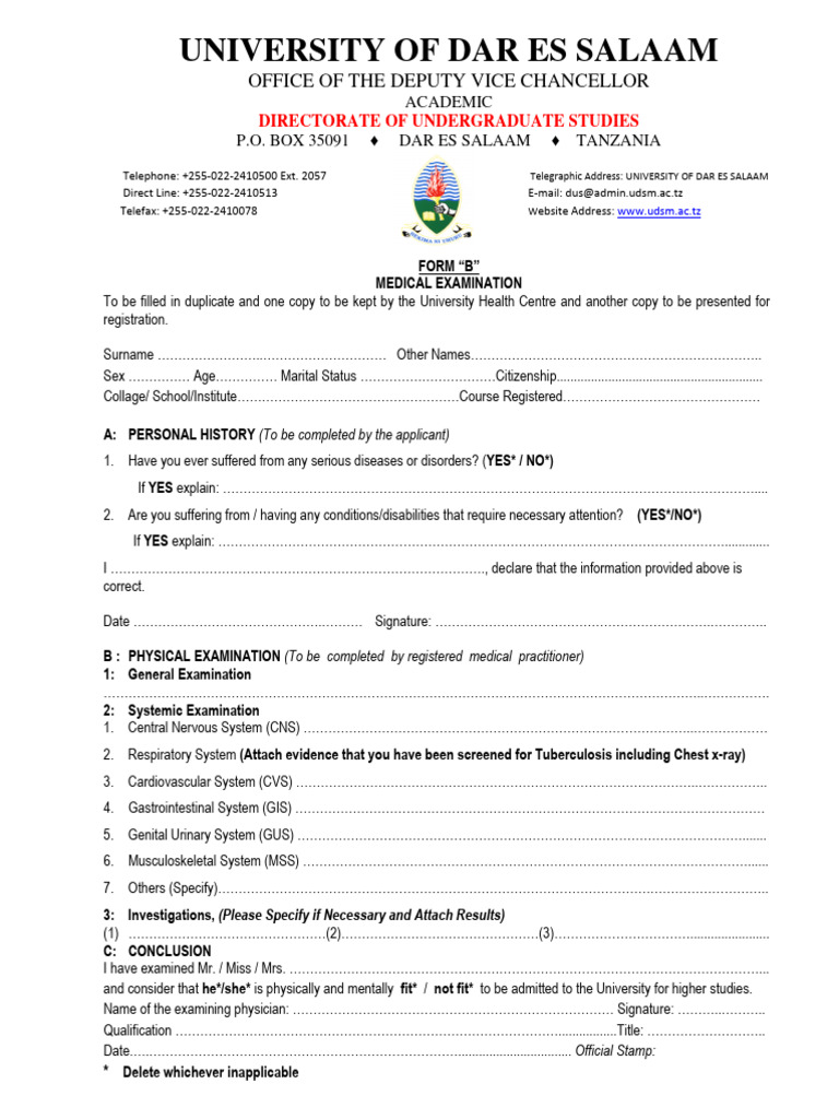 UDSM Medical Examination Form B | PDF | Medicine | Health Care