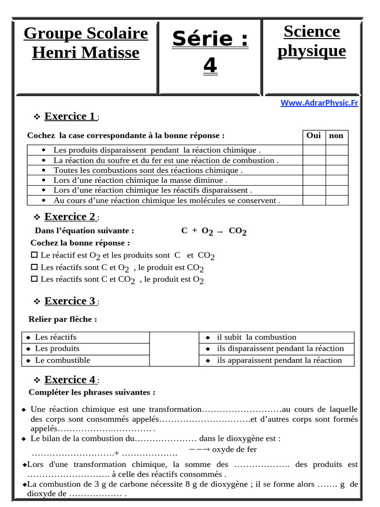 Exercices de chimie sur les réactions | PDF | La combustion | Réactions ...