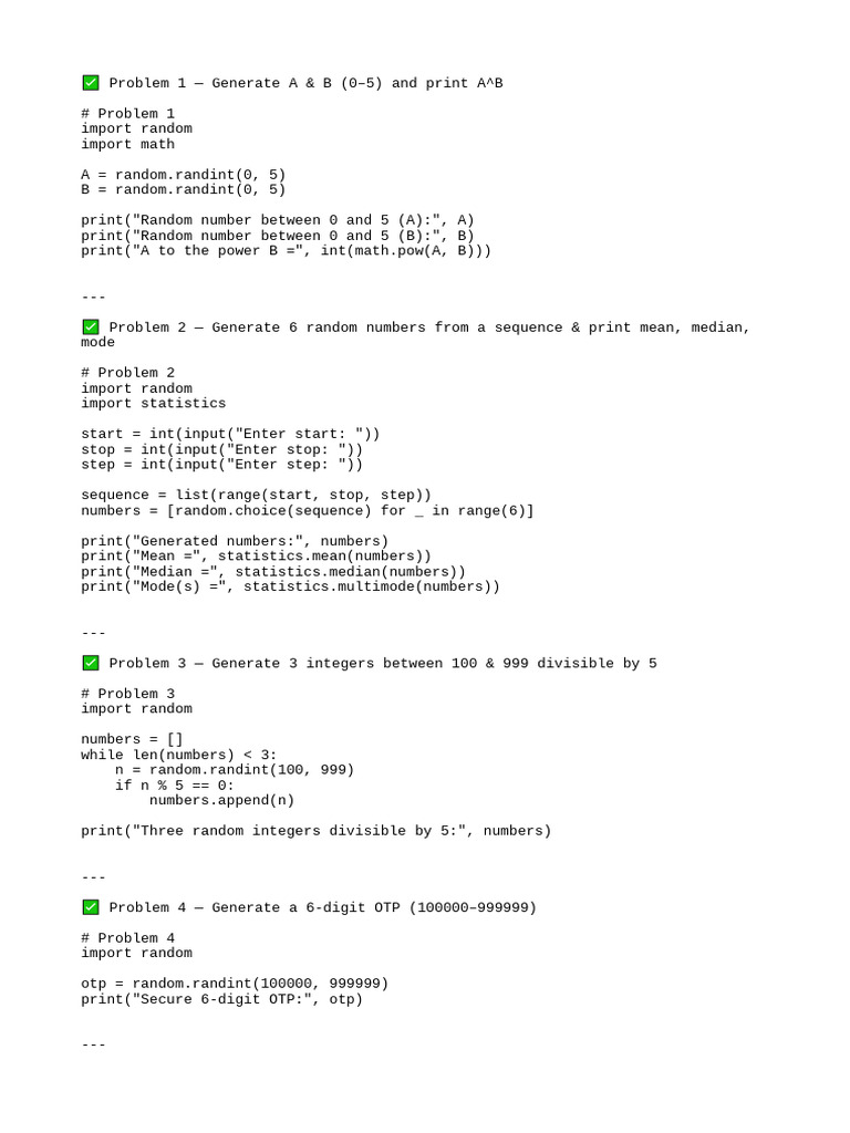 Python Random Number Generation Tasks | PDF
