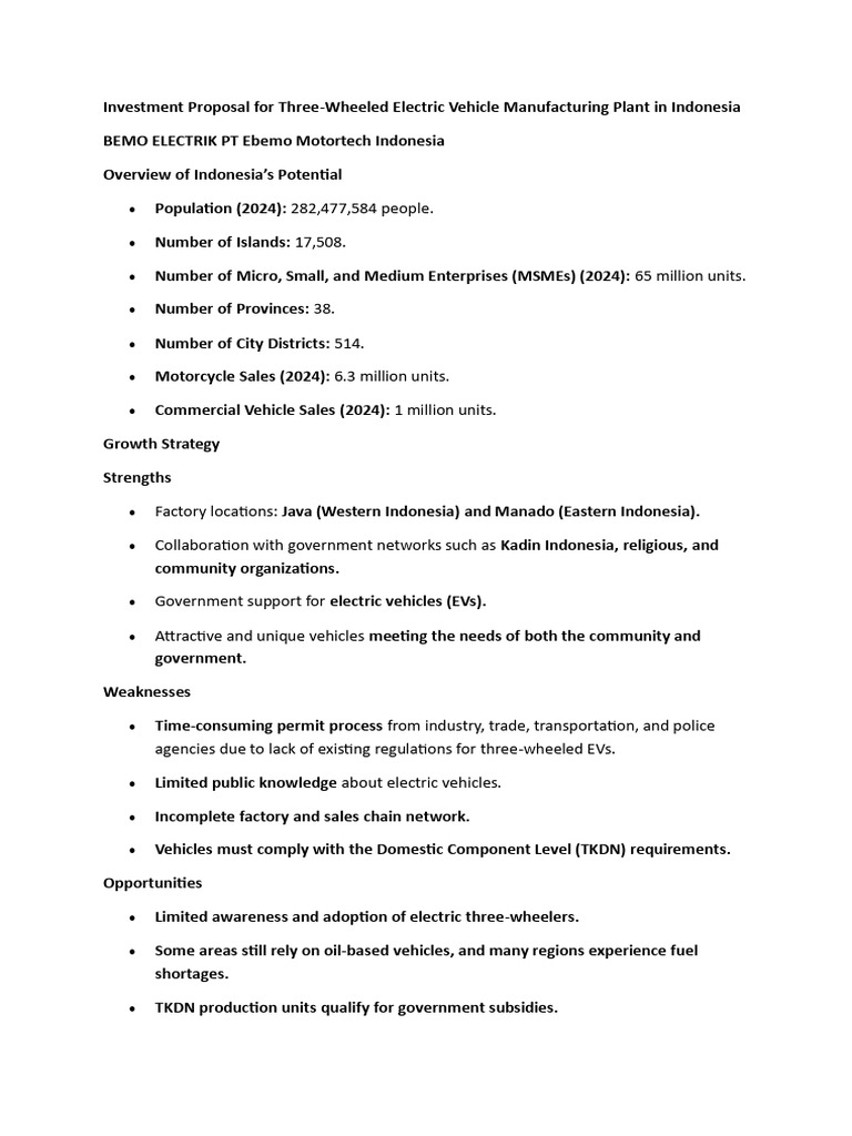 Investment Proposal For Three | PDF | Indonesia | Electric Vehicle