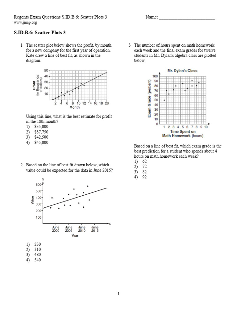 Regents Exam: Scatter Plots Practice | PDF | Scatter Plot