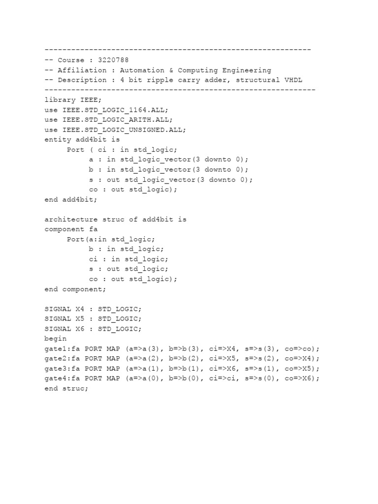 4-Bit Ripple Carry Adder VHDL | PDF