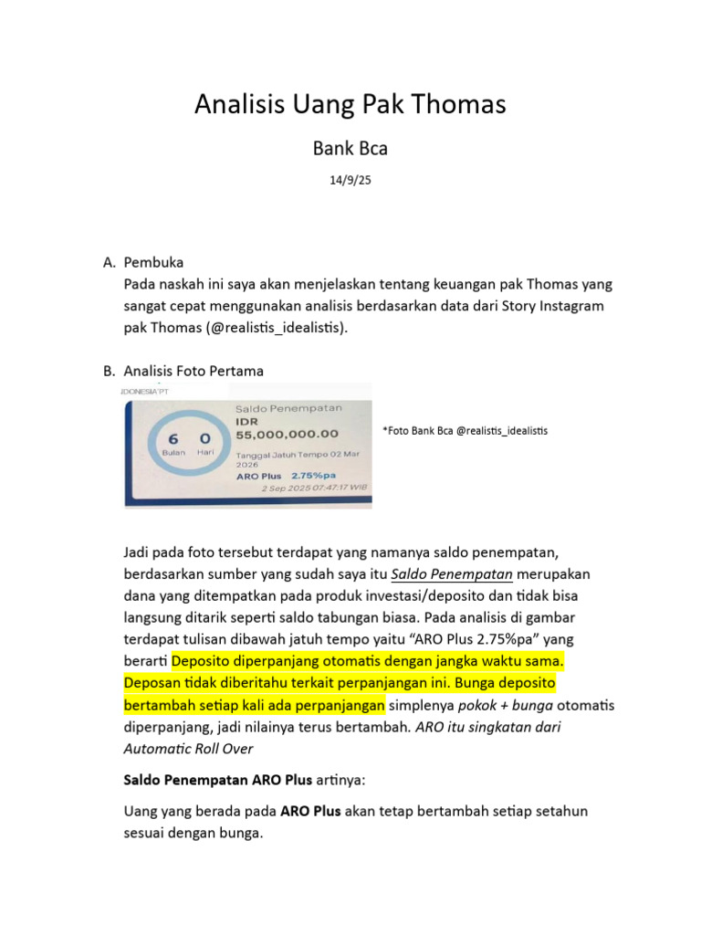 Analisis Keuangan ARO Plus BCA Pak Thomas | PDF