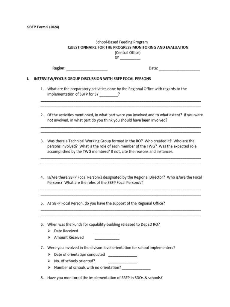 SBFP 2024 Progress Monitoring Questionnaire | PDF | Business | Foods