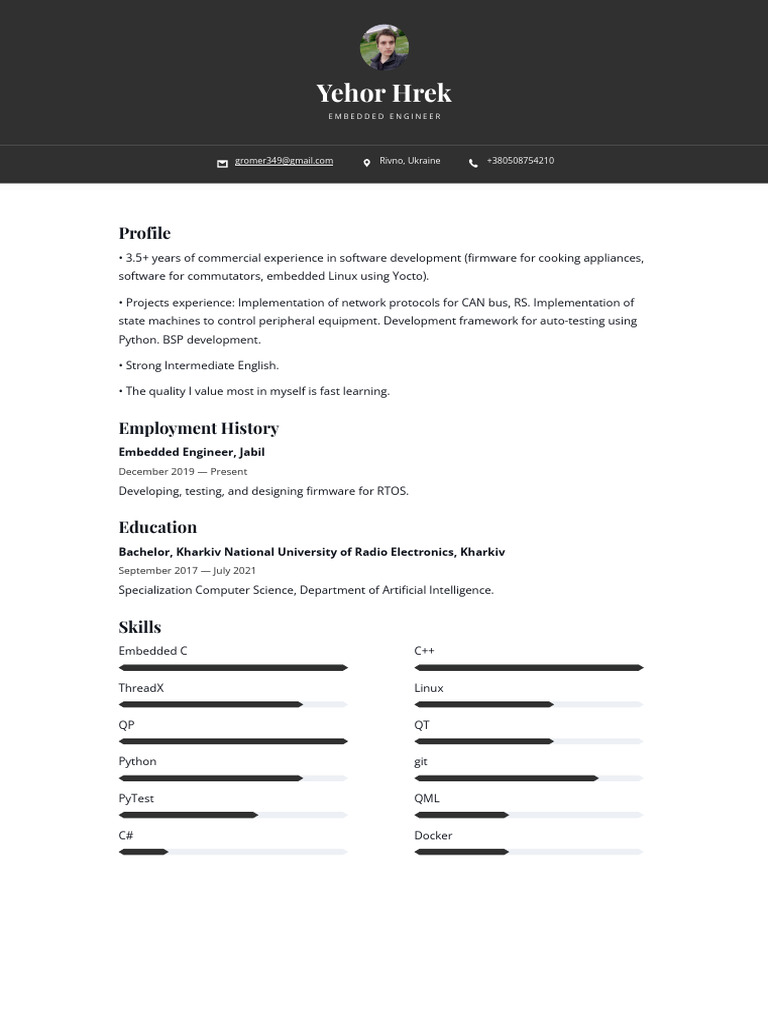 Embedded Engineer Profile - Yehor Hrek | PDF