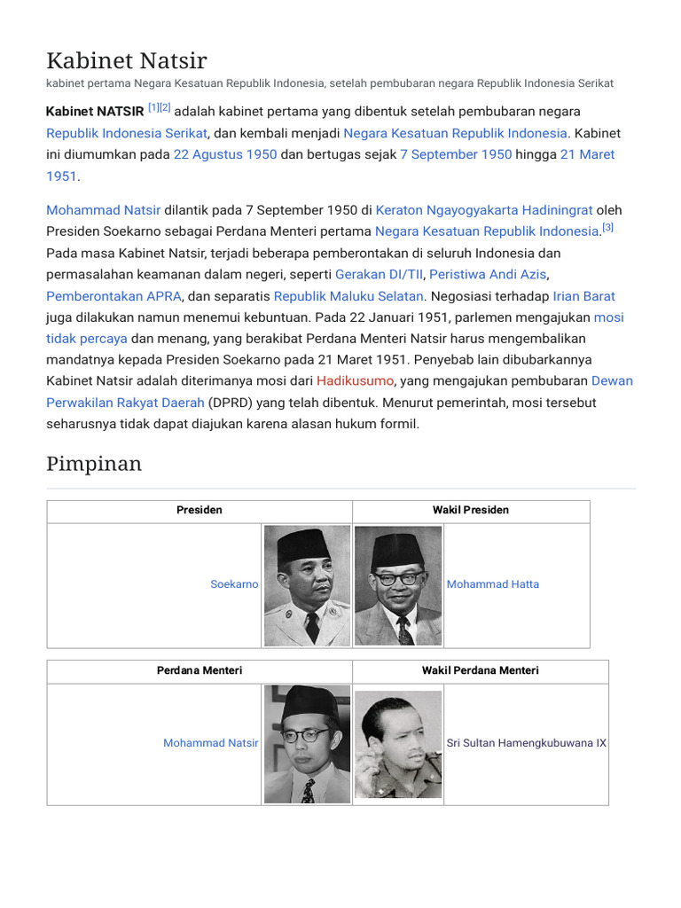 Kabinet Natsir - Wikipedia Bahasa Indonesia, Ensiklopedia Bebas | PDF