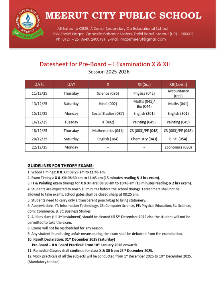 Pre-Board Exam Datesheet X & XII 2025-26 | PDF | Chess Theory | Chess
