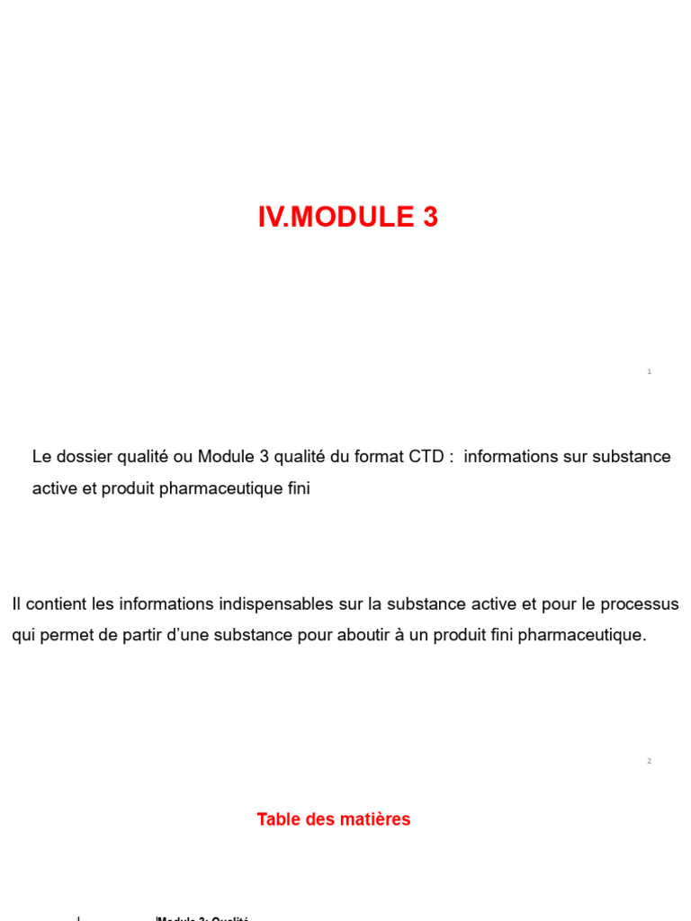 Dossier Qualité Module 3 CTD Médicaments | PDF | Médicament générique ...