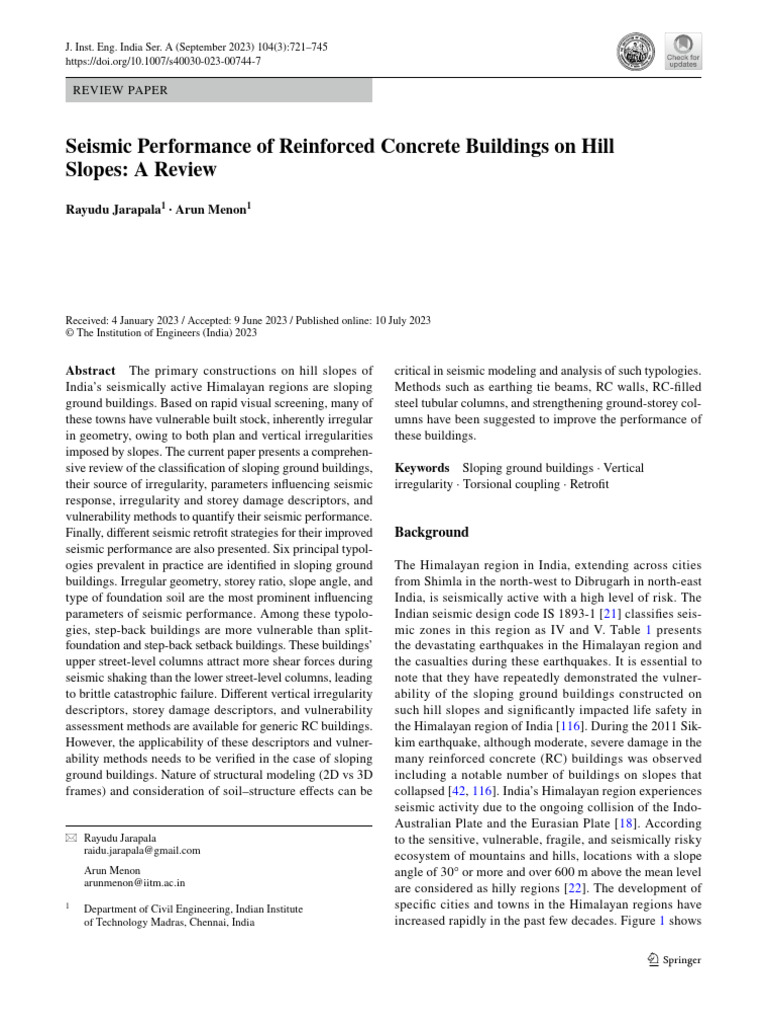 Seismic Performance of Reinforced Concrete Buildings On Hill Slopes: A ...