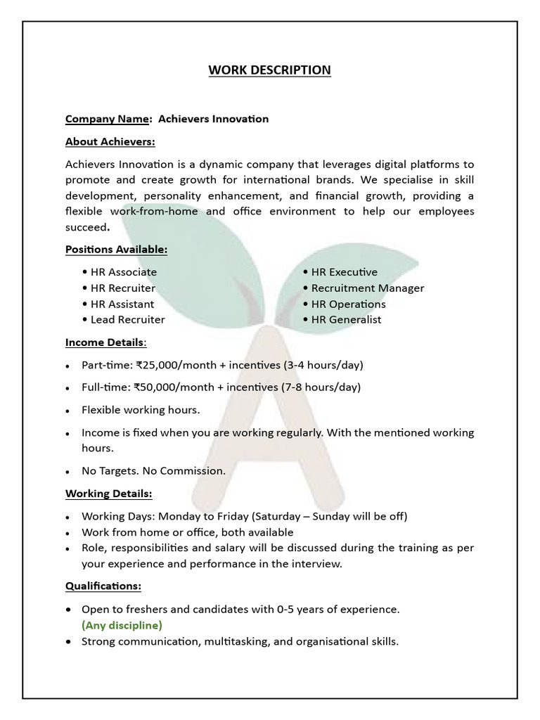 HR Job Openings at Achievers Innovation | PDF | Recruitment | Business