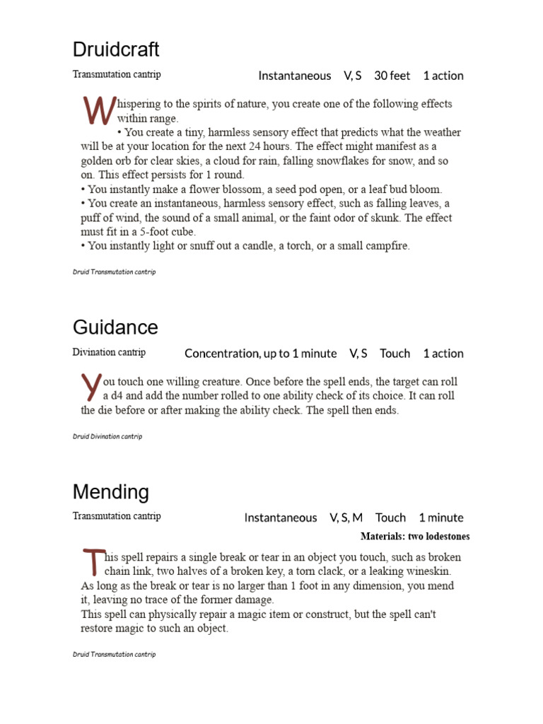 Druid Cantrips and Spells Overview | PDF