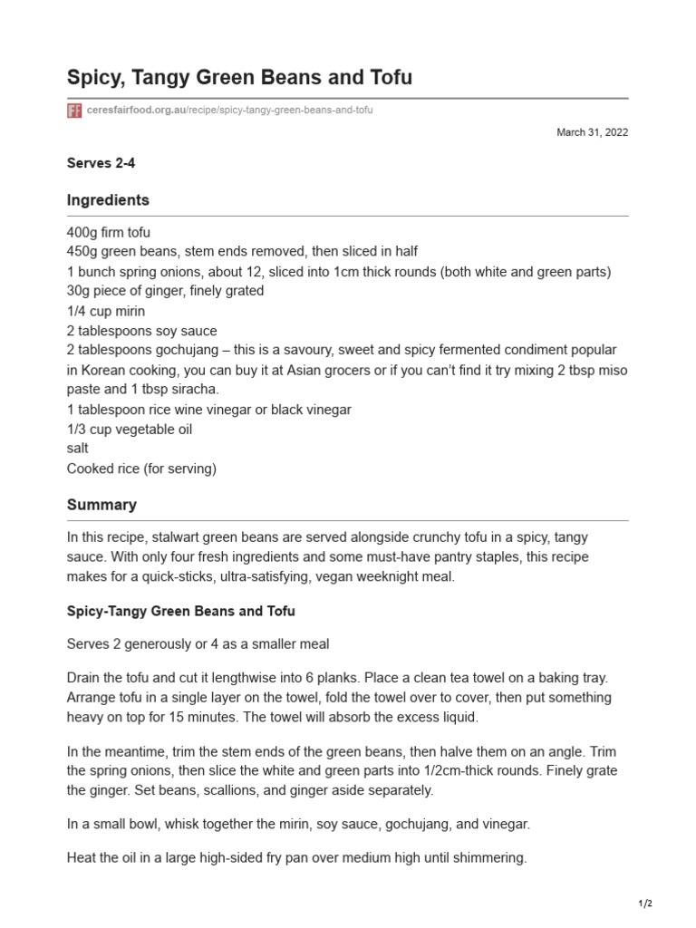 .Au-Spicy Tangy Green Beans and Tofu | PDF | Tofu | Sauce