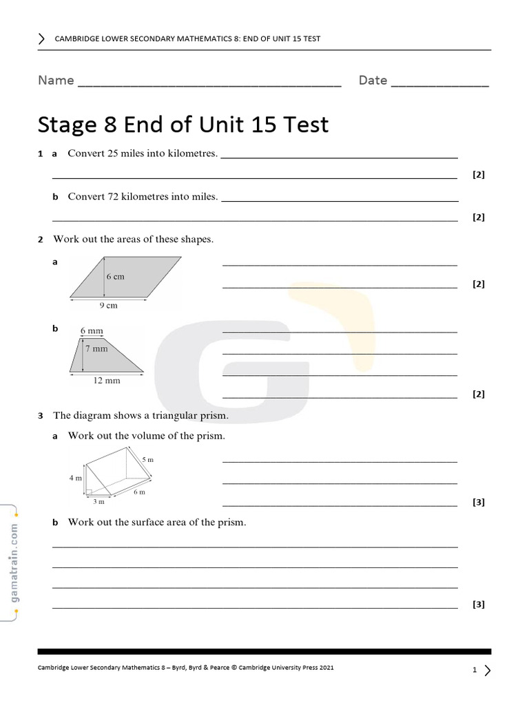 Cambridge Math 8 Unit 15 Test | PDF | Geometry | Convex Geometry