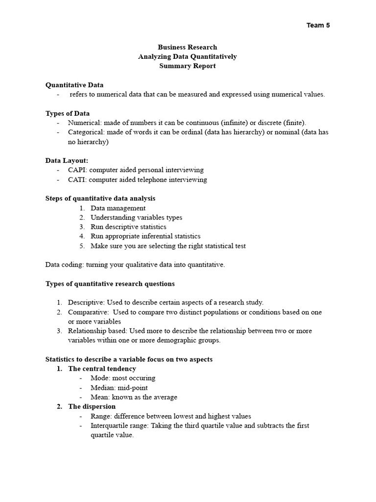 Quantitative Data Analysis Summary Report | PDF | Statistics | Level Of ...