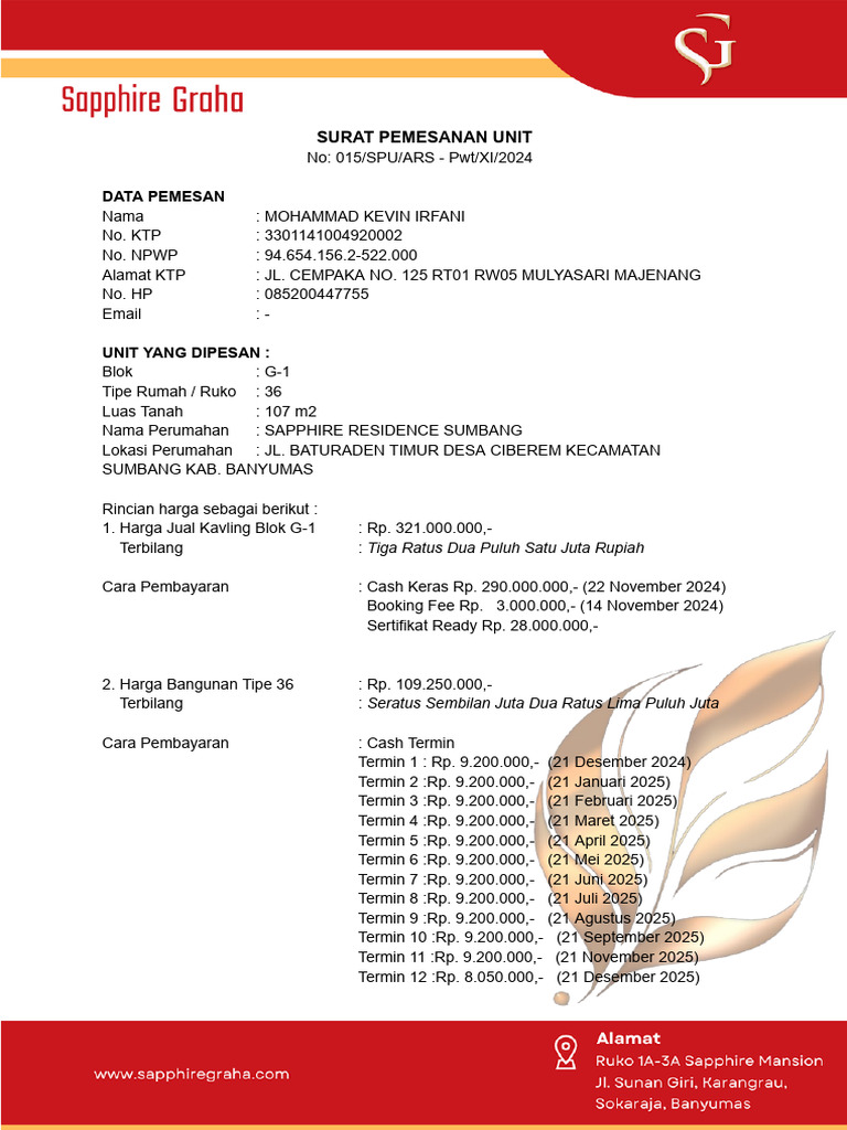 Surat Pemesanan Unit Sapphire Residence | PDF