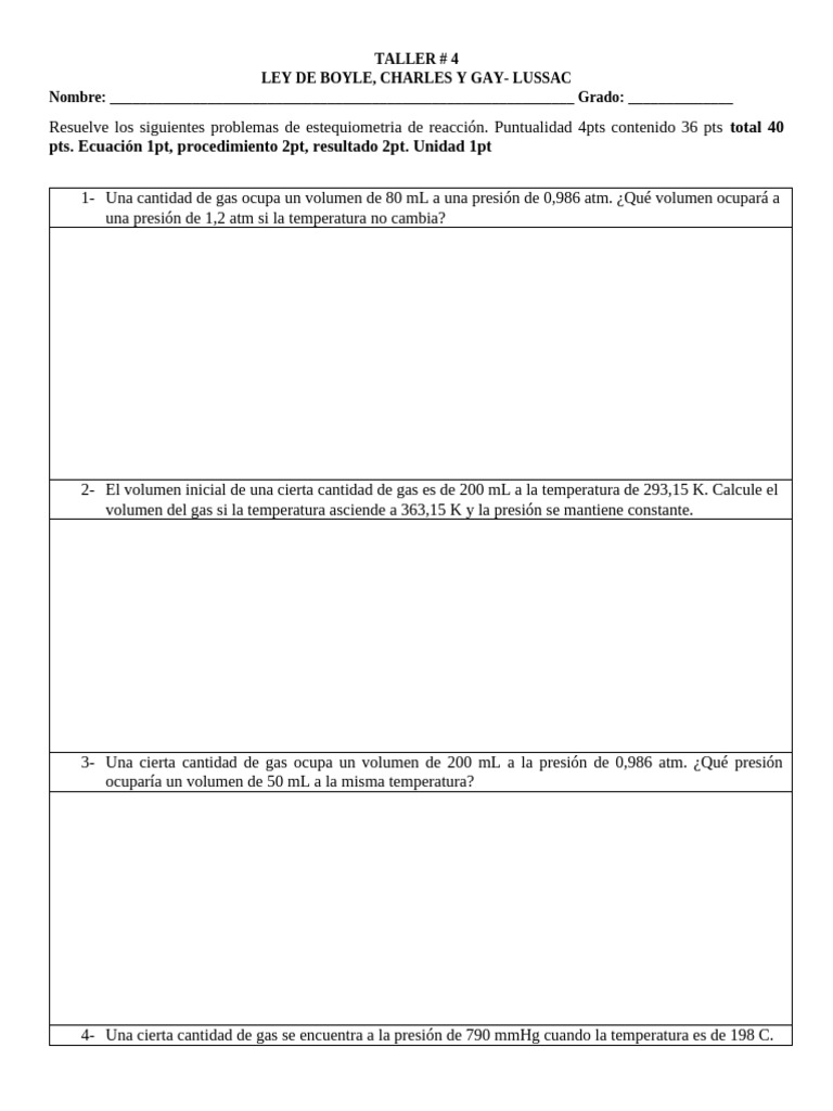 Taller Leyes Gases (I) Ley de Boyle Charles | PDF | Gases | Hidróxido