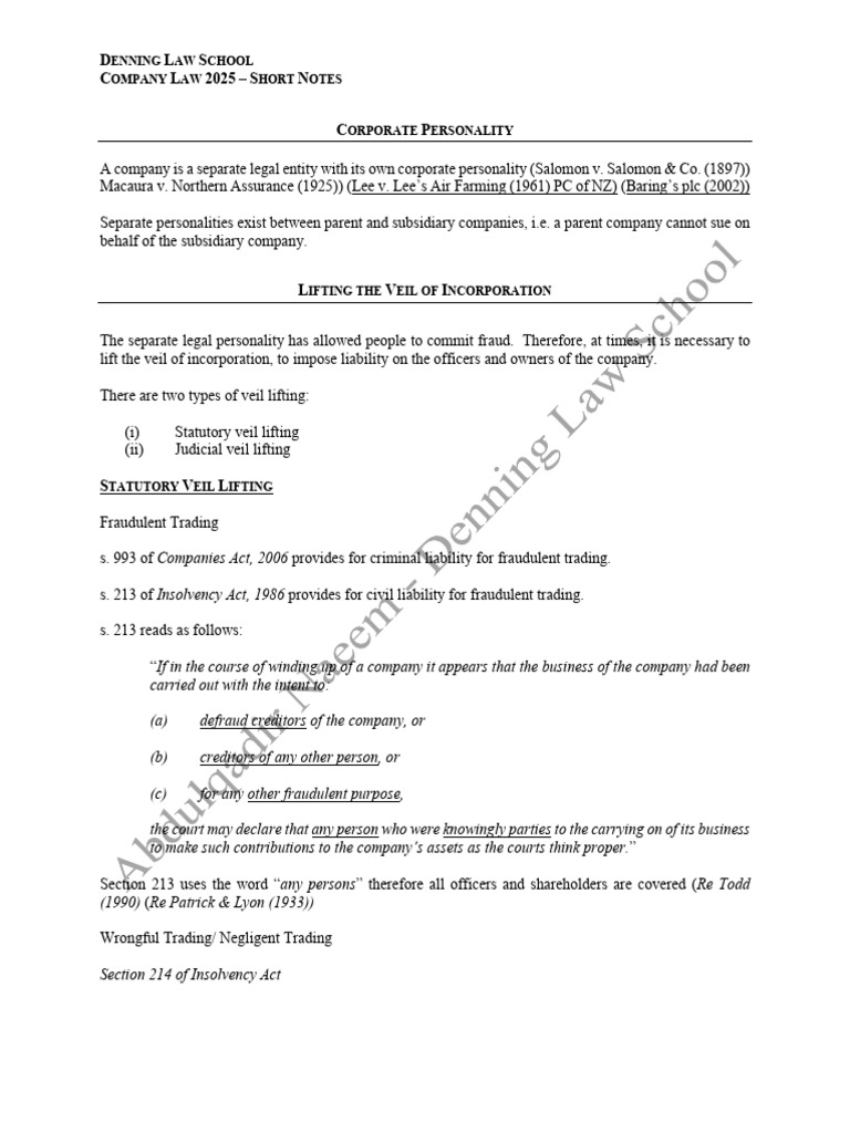 Company Law Short Notes | PDF | Private Law | Business