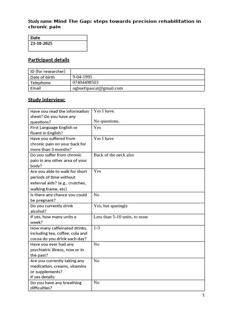 Virtual Reality and Pain - Pre Screening Questionnaire | PDF