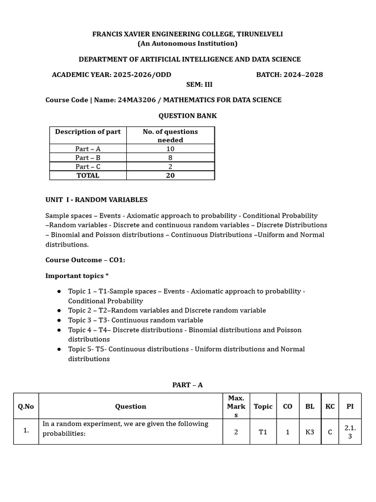 24ma3206 MDS - Unit I - QB | PDF | Probability Distribution | Random ...