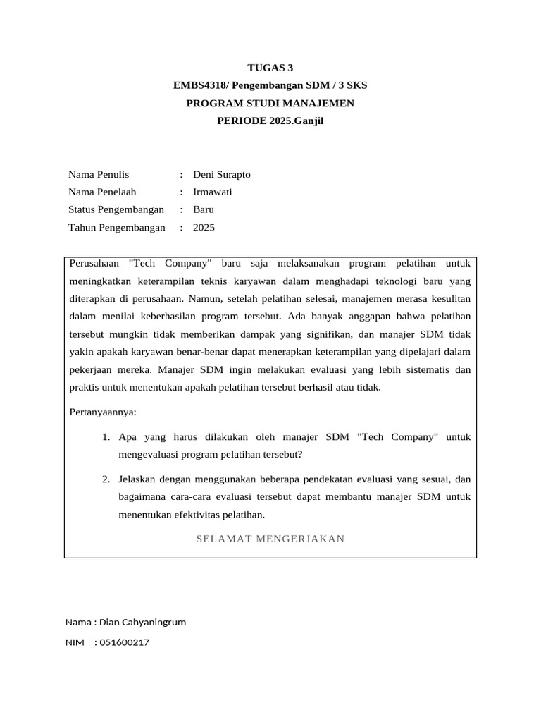 Evaluasi Program Pelatihan Karyawan SDM | PDF