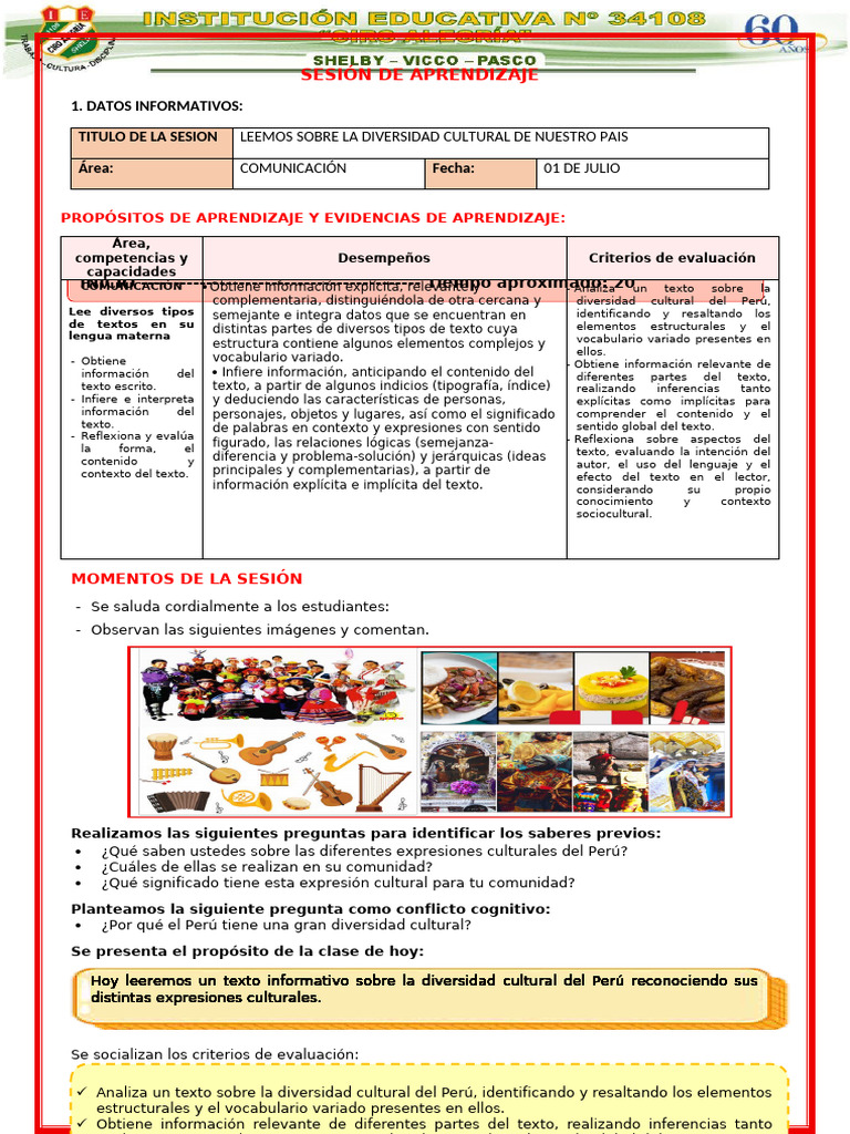 Leemos Sobre La Diversidad Cultural de Nuestro País | PDF | Aprendizaje ...