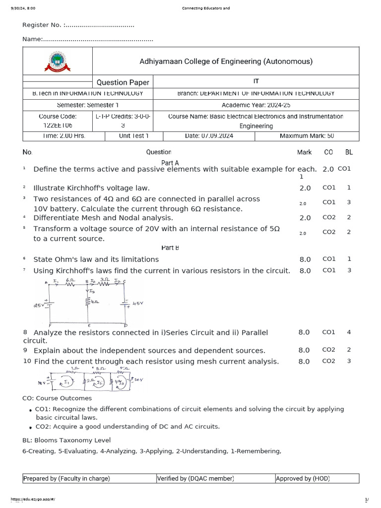 Beee Ut 1 QP | PDF | Electrical Network | Series And Parallel Circuits