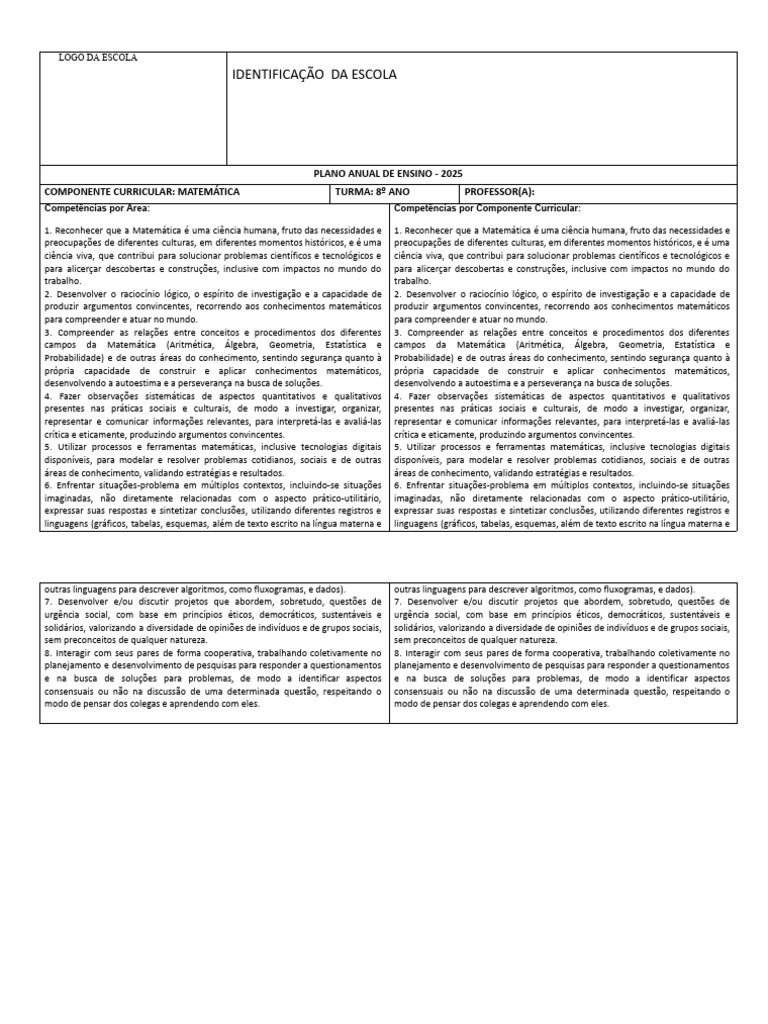 Plano Anual de Matemática 8º Ano 2025 | PDF | Triângulo | Equações