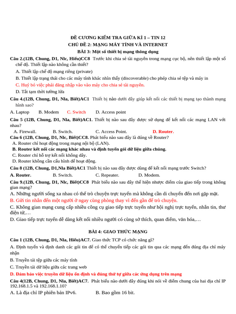 De Cuong Ktgk1 - Tin 12 | PDF
