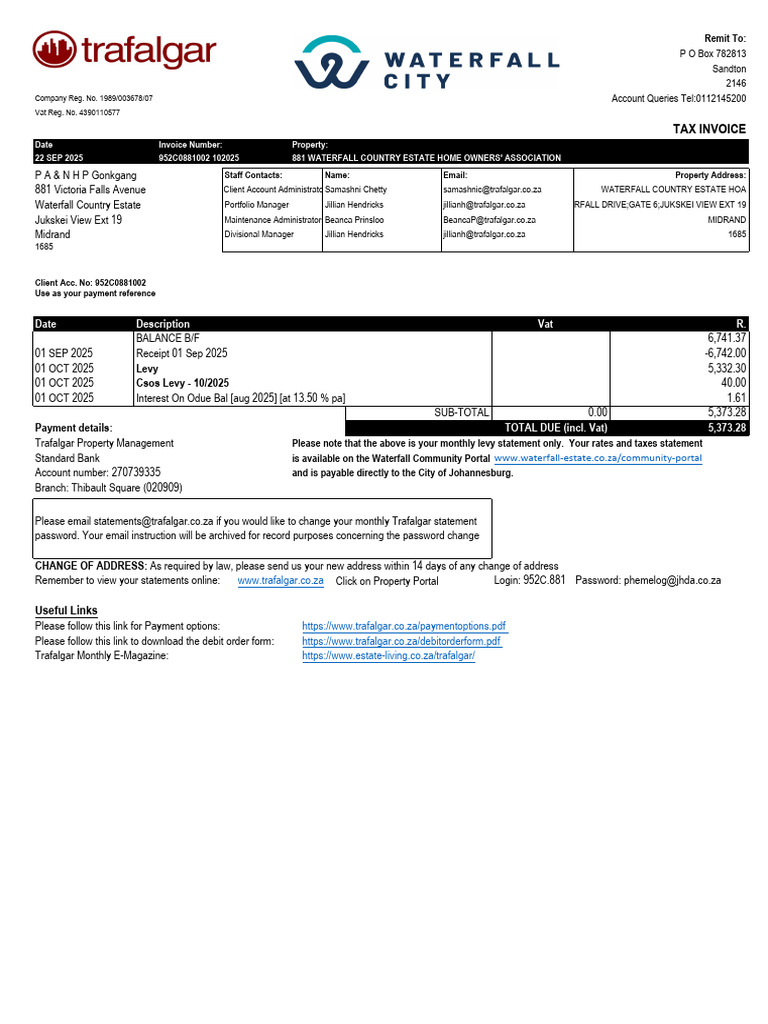 Waterfall Estate HOA Monthly Invoice | PDF | Public Finance | Money